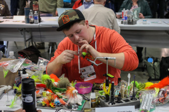 Garrett Lesko demonstrating deer hair flies.